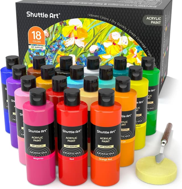 Detalle de Shuttle Art Acrylic Paint Set – 18 rich-pigment acrylic bottles (240ml/8.12oz)