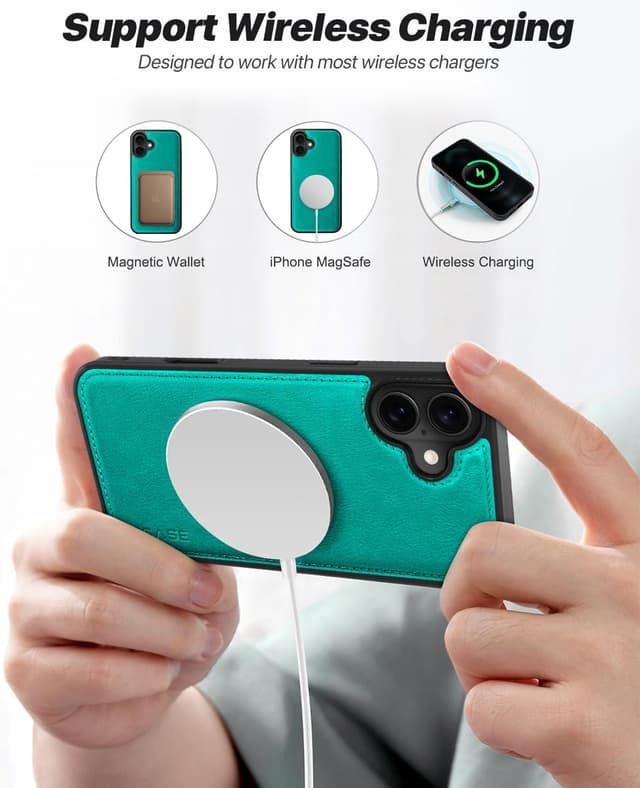 Detalle 2 de OCASE iPhone 16 Plus Hülle (2in1) aus Leder – stoßfest mit abnehmbarer Magnet-Flipbörse, Kartenfach, RFID und Standfunktion