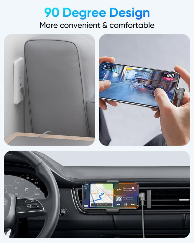 Detalle de SUNGUY Cavo USB-C a USB-C angolare 90° con ricarica rapida PD fino a 60 W, nylon intrecciato (1,2 m, 2 pezzi) – Grigio