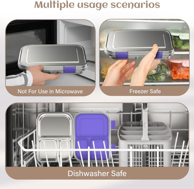 Detalle de BABHAMNESS Stainless Steel Kids Bento Box (3 Compartments) — Leak Proof Lunch Container, BPA-Free, Dishwasher Safe, Purple
