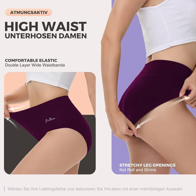 Detalle de IceReco Damen-Unterhosen aus Baumwolle im 5er-Pack mit hoher Taille (atmungsaktiv, Stretch)
