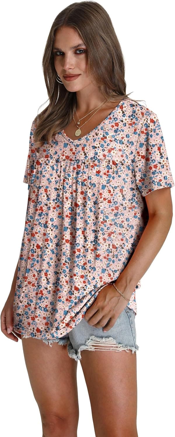 Detalle de WEESO Women’s Short Sleeve V-Neck Pleated T-Shirt Dressy Casual Top