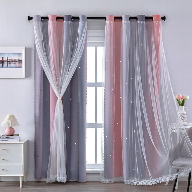 Detalle de XiDi Grey Thermal Curtains 52x72 Inch (132x183cm) for Nursery & Glass Door – Ombre Sheer Wall Decor, 2-Layer Star Design