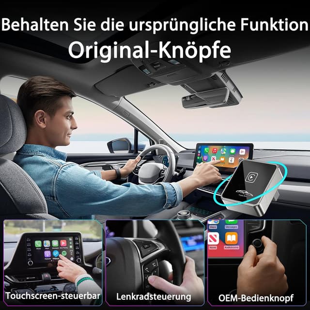 Detalle de JUSTSTONE Mini adaptateur CarPlay sans fil — clé CarPlay 2026, Plug & Play USB-C/USB-A pour iPhone