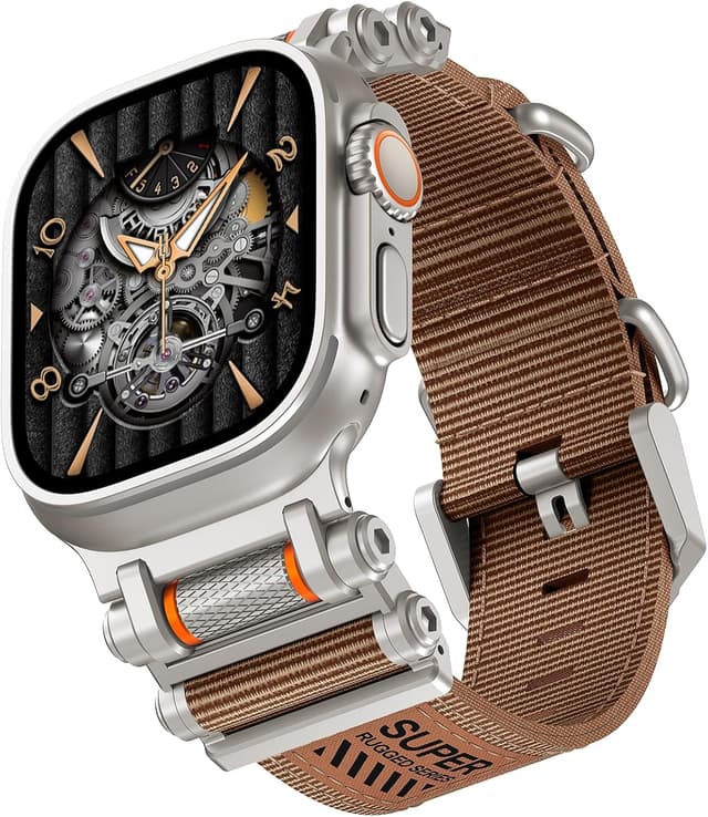 Detalle de TAURI Rugged Braided Nylon Apple Watch Ultra Strap (49mm) with Stainless Steel Connectors – Adjustable Woven Band in Brown