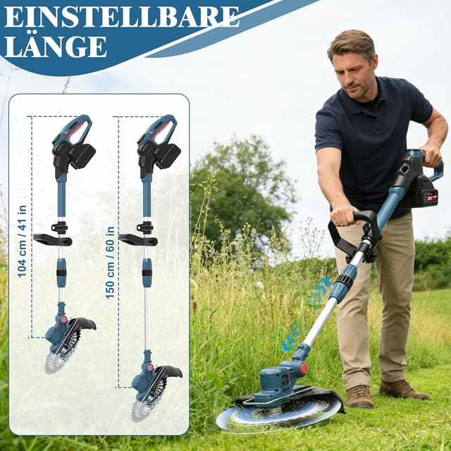 Detalle de YEXLXLN Akku-Rasentrimmer mit 5 austauschbaren Klingentypen (21V), 22 cm Schnittbreite, inkl. 2× 4.0Ah-Akkus