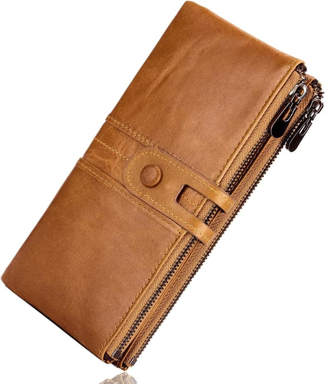 Detalle de Roulens Genuine Leather women’s slim zip bifold clutch wallet with RFID blocking