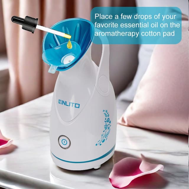 Detalle de KINLITO Ionic Facial Steamer (Warm Mist) with Aromatherapy Kit + 5-Piece Stainless Steel Skin Care Tools