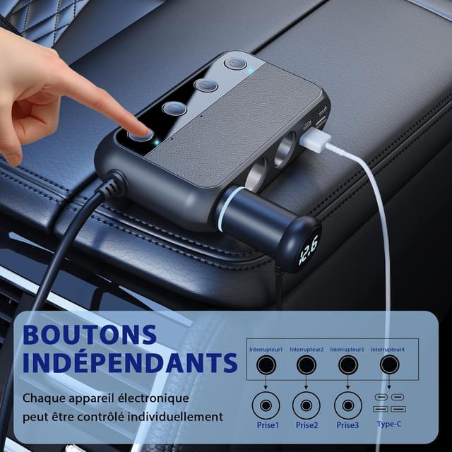 Detalle 2 de Cargador Coche 9-en-1 USB-C PD 30W ⚡ con 3 Tomas