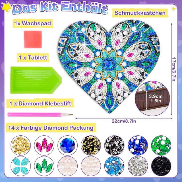 Detalle de Flnlano „Geschenke für Mädchen 6–10 Jahre“: Diamond-Painting Bastelset für Schmuckkästchen mit Spiegel