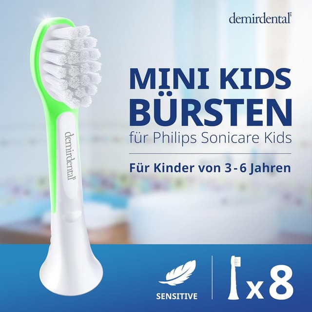 Detalle de demirdental Ersatzbürsten Kids (HX6034/HX6038 kompatibel) – extra weich, für 3–6 Jahre, 8er Set in Grün