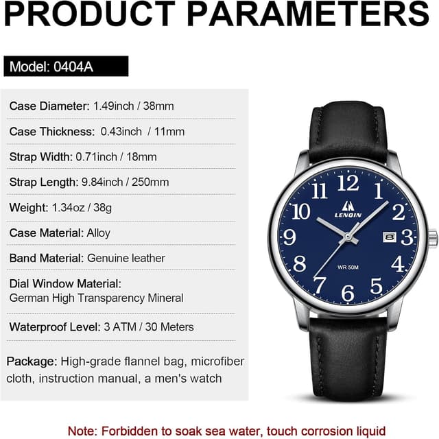 Thumbnail 6 de Herren Analog-Quarzuhr 38 mm mit Datum, 3 ATM wasserdicht – Easy Reader mit Lederarmband