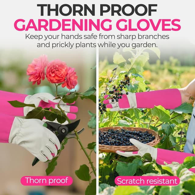 Detalle de HANDLANDY Thorn Proof Gardening Gloves (Pink, M) – long-sleeve rose pruning leather gauntlets