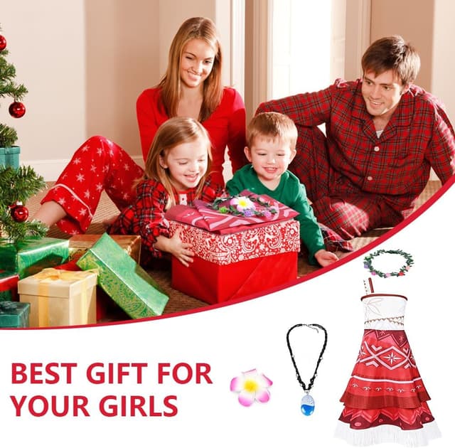 Detalle 2 de AUYAO Kinder Prinzessin Mädchen Kostüm-Set (4-teilig) im Vaiana-/Sommerkleid-Look inkl. Blumenkranz & Zubehör