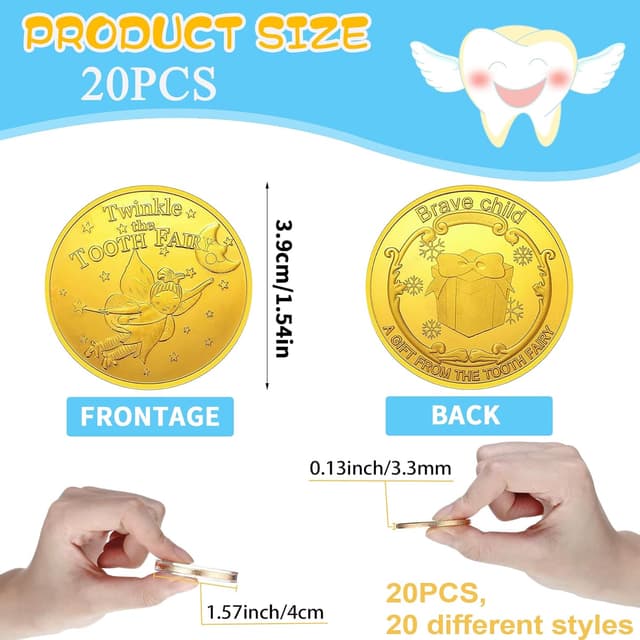 Detalle 2 de VEEKAY Zahnfee Münzen (20 Stück) – Goldtaler mit verschiedenen Motiven als Geschenk für Kinder