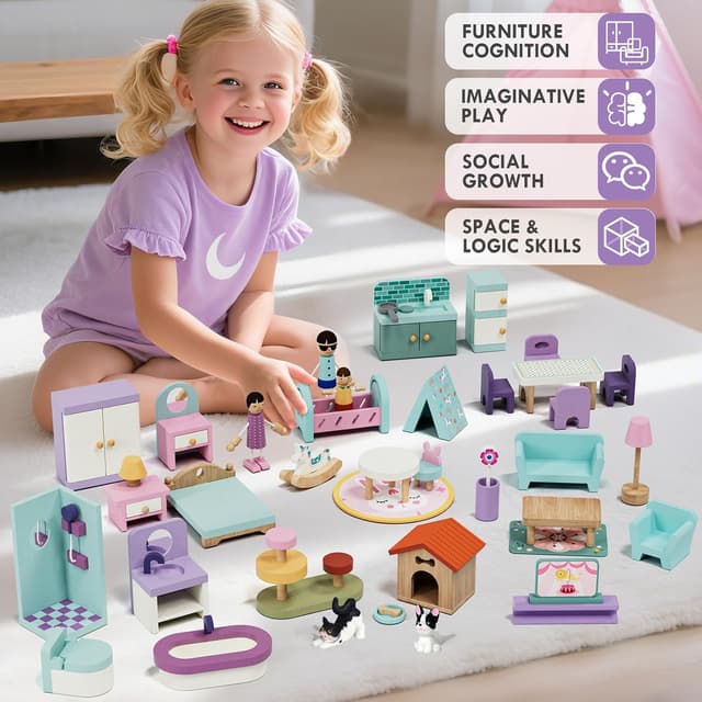 Detalle 2 de Lehoo Castle Wooden Dollhouse 39-piece furniture set