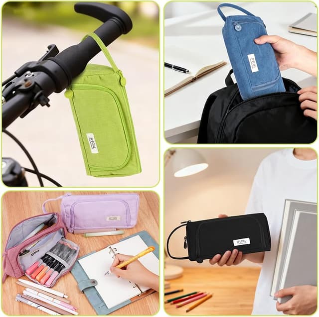 Detalle 2 de APXEL Grande trousse de papeterie en velours côtelé vert (grand modèle zippé)