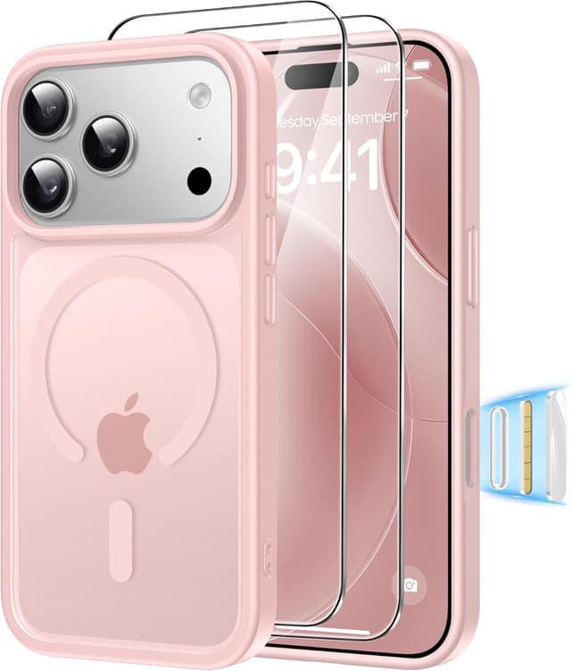 Detalle de Guisessy Coque magnétique 3 en 1 pour iPhone 17 Pro (compatible MagSafe) avec 2 vitres trempées – Rose clair