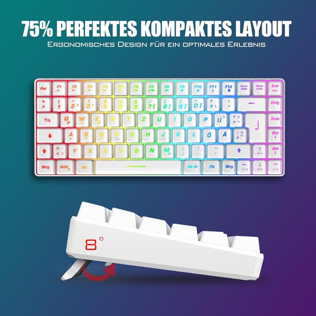 Detalle de RedThunder 75% kabelloses Gaming-Tastatur-und-Maus-Set (QWERTZ) inkl. wiederaufladbarem Akku – 2,4-GHz, 85 Tasten, Weiß