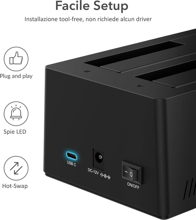Detalle de SABRENT Docking Station SSD/HDD esterno USB-C EC-CH2B con 2 alloggiamenti e clonazione offline