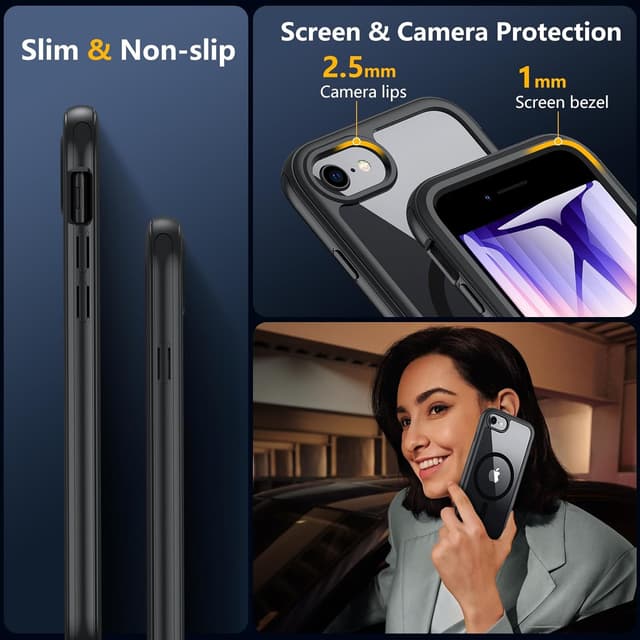 Detalle de OWKEY Magnetic iPhone SE 2022/SE 2020/8/7 Case with 360° full-body protection and built-in screen protector (Black)