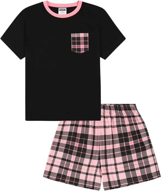 Detalle de ThePyjamaFactory girls black and pink tartan check short pyjama set