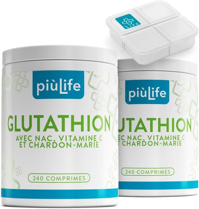 Detalle de Glutathion Réduit 500 mg PiùLife (480 comprimés) avec vitamine C, NAC et chardon-marie