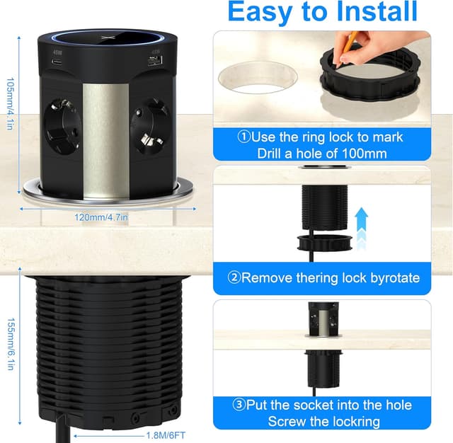 Detalle 2 de Multiprise encastrable 9 en 1 avec 4 prises + 2 USB-C PD 75 W + charge sans fil 15 W (Ø100 mm, câble 1,8 m) – Noir