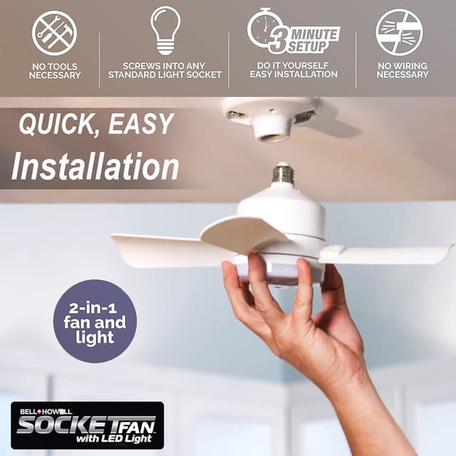 Detalle 2 de Bell+Howell Socket Breeze modern ceiling fan bulbs with LED lights, 10" LED E26/E27 screw base mini fan with remote