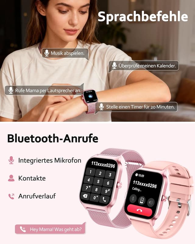 Detalle de Popglory Smartwatch mit Telefonfunktion für Damen & Herren – 1,85" HD Display, Fitnessuhr mit Blutdruck, SpO2 & mehr