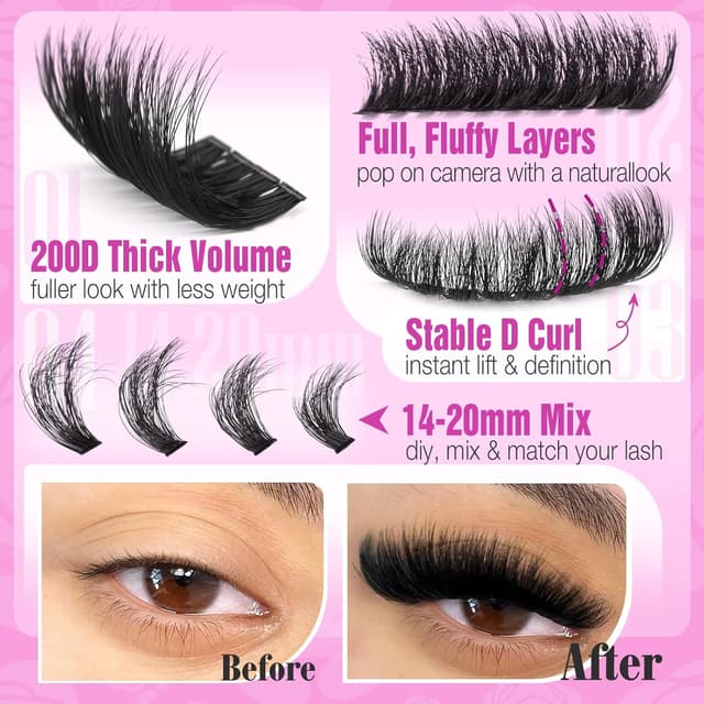 Detalle de Yawamica Fluffy Lash Clusters Thick 200D Volume Eyelash Extensions (D-Curl, 14–20mm, 240pcs) for DIY