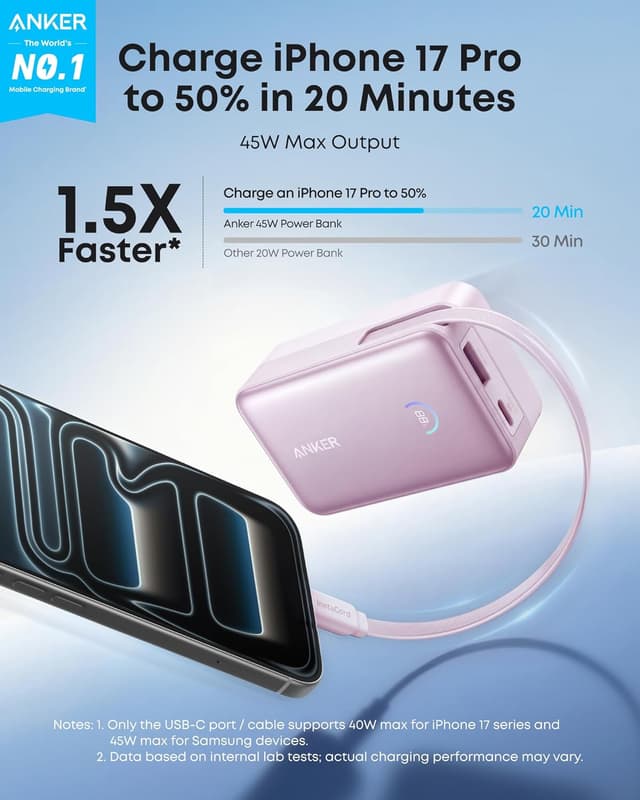 Detalle de Anker Nano Power Bank (10,000mAh, 45W) with retractable 70 cm InstaCord cable