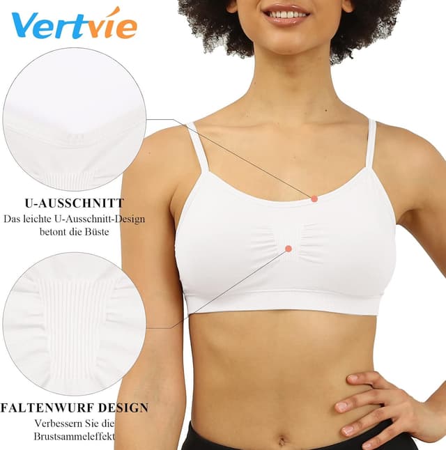 Detalle de Vertvie Damen Stretch Sport-BH ohne Bügel mit Push-up-Polstern im 2- oder 3er-Pack für Yoga & Fitness-Training