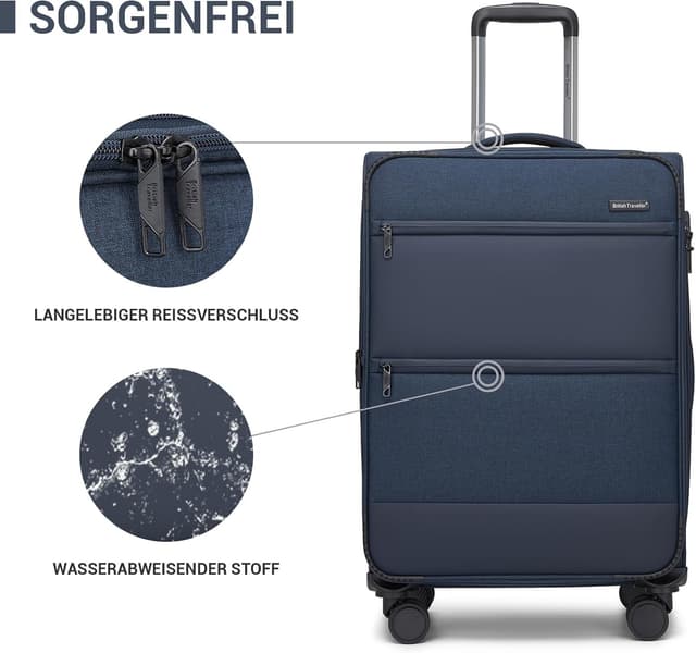Detalle 2 de British Traveller Erweiterbarer Großkoffer (100 L) mit TSA-Schloss, 4 Rollen & Volumenerweiterung – Blau