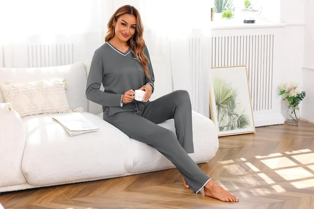 Detalle 2 de Demegimi Damen-Langschlafanzug aus Baumwolle mit V-Ausschnitt oder Rundhalsausschnitt