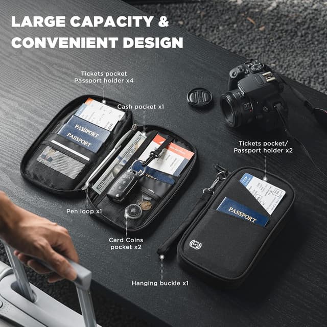 Detalle de DUGRAFT Multiple Passport Holder Travel Family (RFID Blocking) – Waterproof Black Document Wallet with Straps