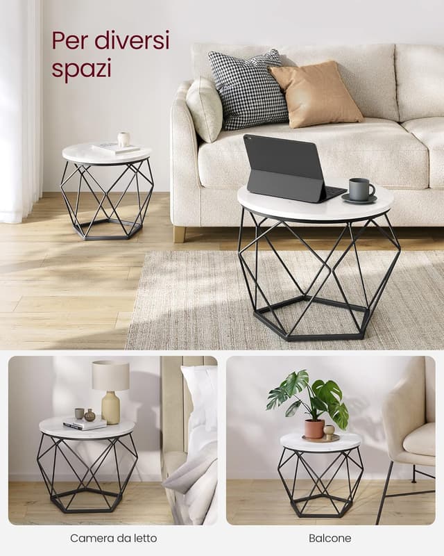 Detalle 2 de VASAGLE set di 2 tavolini da caffè rotondi con incastro LET040B59, piano rimovibile, bianco e nero