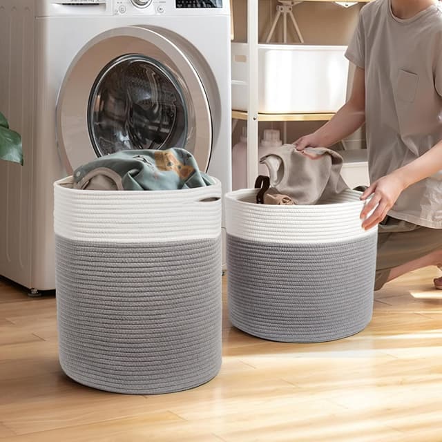 Detalle 2 de SYLANDO Waschekorb aus Baumwollseil mit Griff, 32 l – grau (D34 × H40 cm)