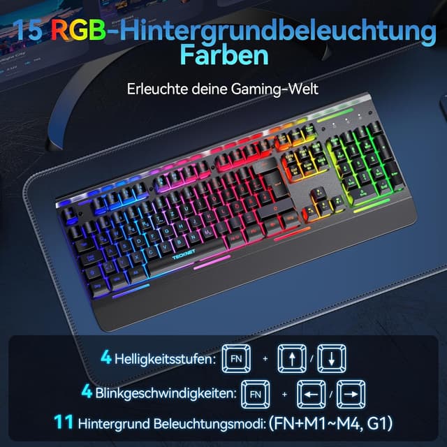 Detalle de TECKNET Gaming-Tastatur kabellos (QWERTZ, deutsches Layout) mit RGB, 105 Tasten und Handgelenkauflage