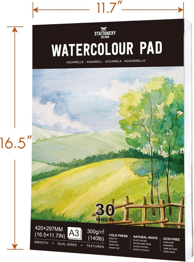 Detalle de Stationery Island Aquarellpapier A3 (300 g/m²) – 30 Blatt Aquarellblock im Skizzenbuch-Format