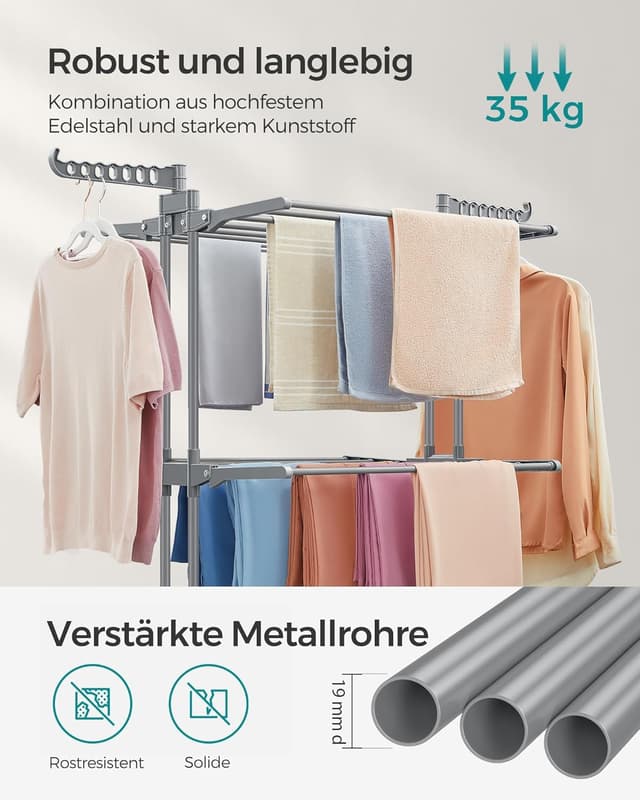 Detalle 2 de SONGMICS Wäscheständer LLR701G01 – Standtrockner mit 4 Ebenen, klappbaren Flügeln und Rollen (63,5 x 128 x 173 cm)