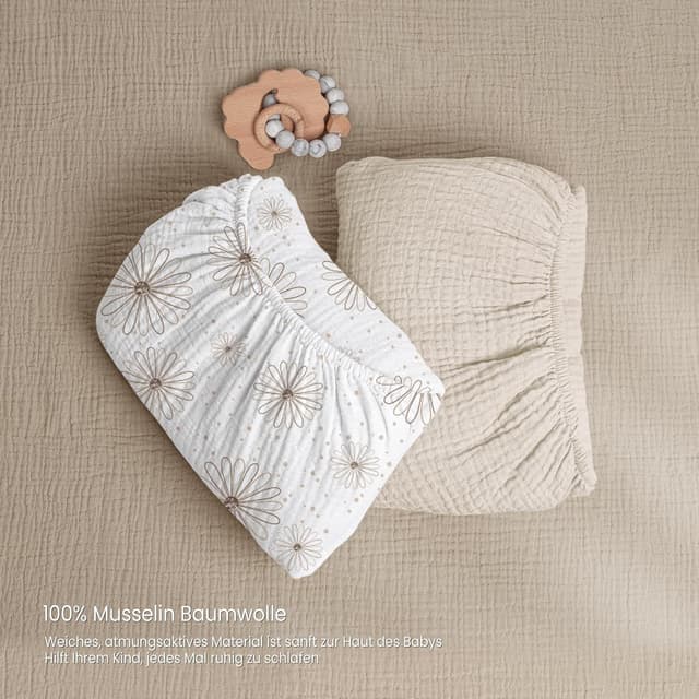 Detalle de lulumoon 2er Pack Musselin-Spannbettlaken für Babybett & Reisebett (60x120/70x140 cm) – Gänseblümchen Weiß
