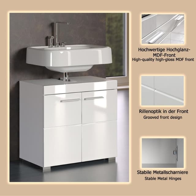 Detalle 2 de trendteam smart living Amanda Waschbeckenunterschrank in Weiß/Weiß Hochglanz (60 x 56 x 34 cm)