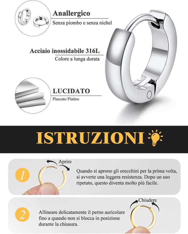 Detalle de Set U7 di 3 paia di orecchini a cerchio huggie in acciaio inossidabile (3 misure) color argento/oro/nero