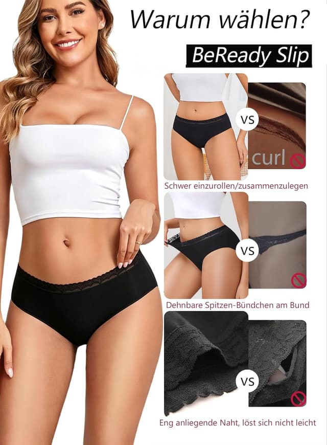 Detalle de BeReady Mutande Donna in cotone con pizzo morbido e traspirante, confezione da 6 slip (S–XXL)