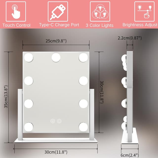 Thumbnail 3 de 12in Lighted Vanity Mirror Touch Sensor, 3-Color ๐