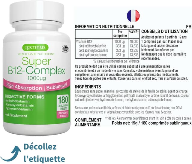 Detalle 2 de Igennus Complexe de vitamine B12 sublinguale (méthylcobalamine, adénosylcobalamine, hydroxocobalamine) 1000 mcg – 180 doses
