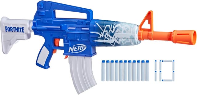Detalle de Nerf Fortnite Blue Shock Blaster (Motorized) with 10-Dart Clip and 10 Elite Darts