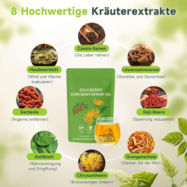 Detalle 2 de Detox Tee Leber Balance Kräutertee mit Goji & Chrysanthemen – koffeinfrei, zuckerfrei, vegan (30 Teebeutel à 5 g)