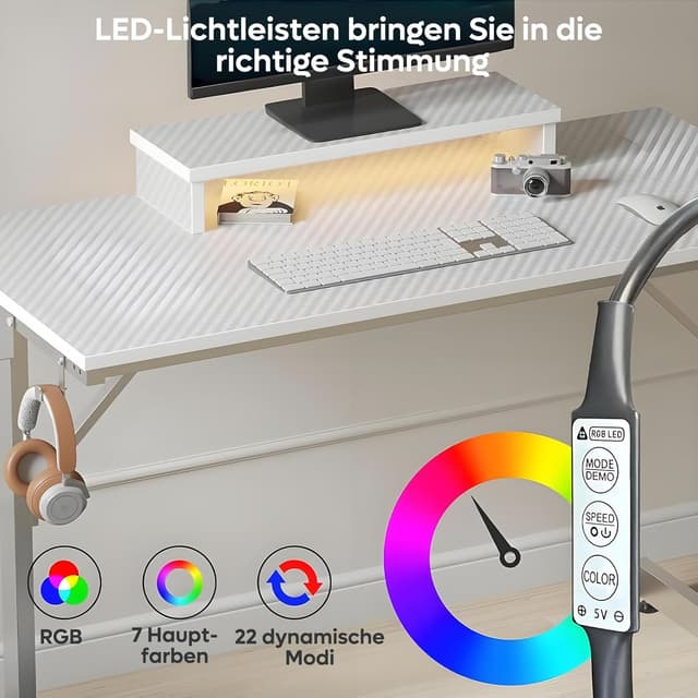 Detalle de Bestier Scrivania da gioco con LED RGB, supporto monitor e superficie in fibra di carbonio (bianco, 106 cm)